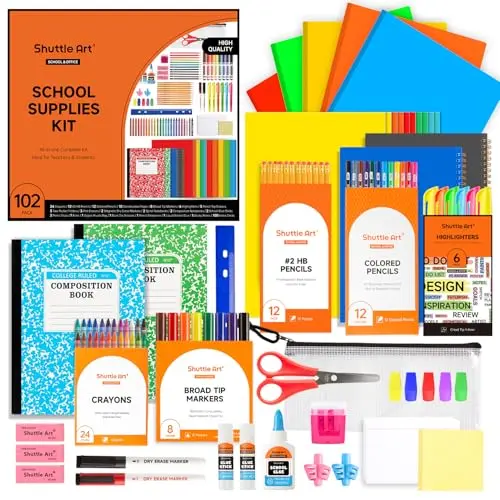 Shuttle Art 102 piece school supply kit with vast array of pencils, markers, notebooks, and glue