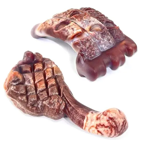 Two Fuufome dog chew toys shaped like pork chops and steaks in brown