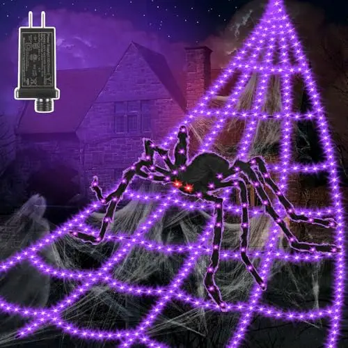 VITI purple spider web lights with 550 LEDs spread out in a yard