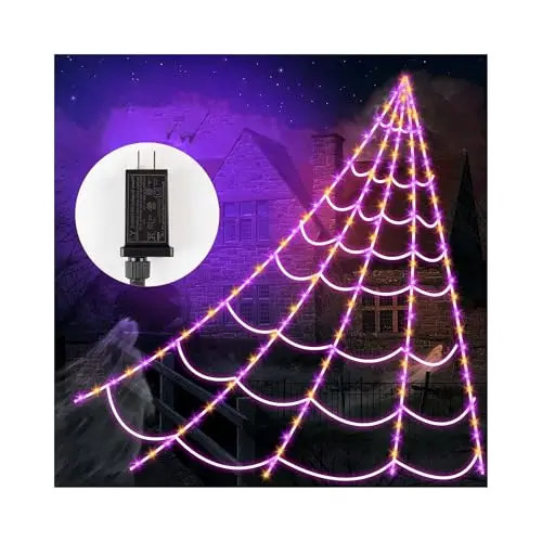 VITI spider web lights with 250 LEDs in a yard, a more affordable version