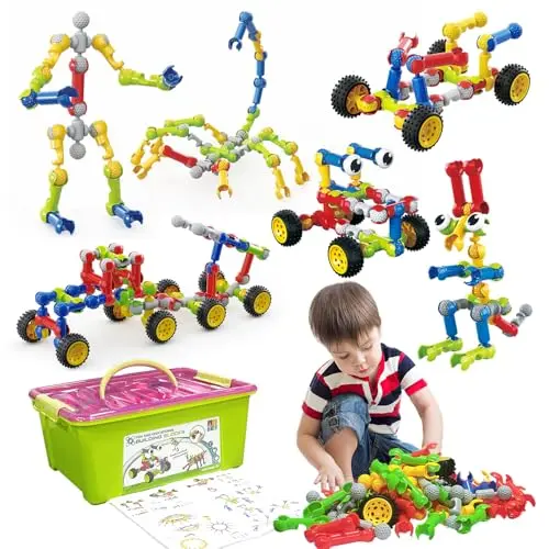 Huaker colorful building blocks spread out with sample constructions of cars and robots