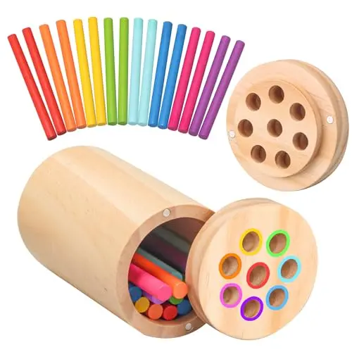 Tooysea wooden color sorting toy with sticks and a barrel