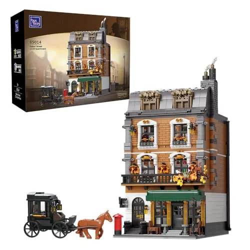 Pantasy Baker Street 221B Apartment building block set showing a multi-story European townhouse with interior rooms