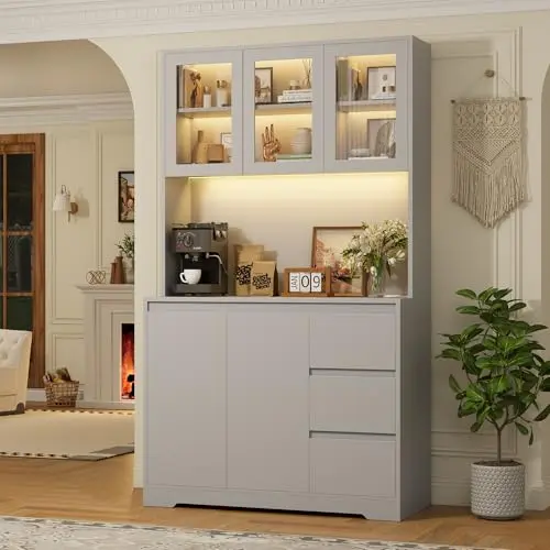 FINETONES 71-inch tall kitchen hutch cabinet with glass doors and LED lighting