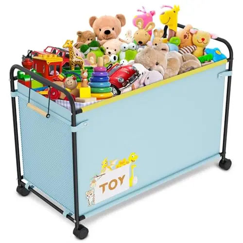 Large light blue toy box with a metal frame, Oxford cloth cover, four wheels, and a smooth handle