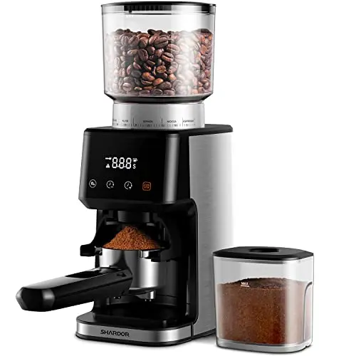 SHARDOR Conical Burr Espresso Coffee Grinder in silver with portafilter cradle