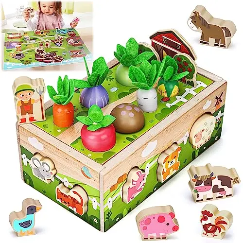 MuMua wooden toddler farm toy with vegetables, animals, and a shape sorter base