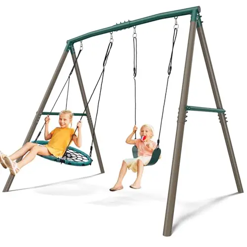 Hapfan green and brown metal A-frame swing set with a spider web swing and a belt swing