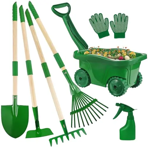 Duckura green kids gardening tool set with wheelbarrow