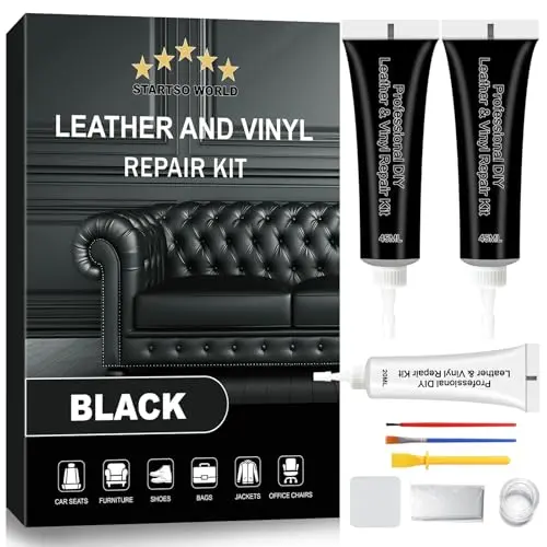 STARTSO WORLD Black Leather Repair Kit with bottles, tools, and instruction guide