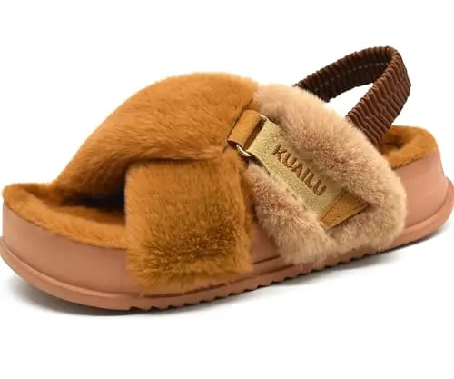 KuaiLu Fuzzy Criss Cross Band Slippers showing faux fur criss-cross upper and open toe design
