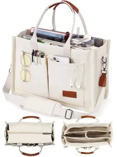 FIORETTO canvas tote bag with zipper closure and compartments for work
