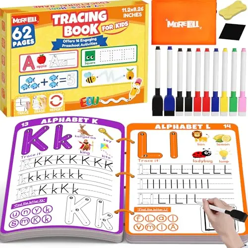 MORECOLL preschool workbook with dry-erase pages, markers, and storage bag
