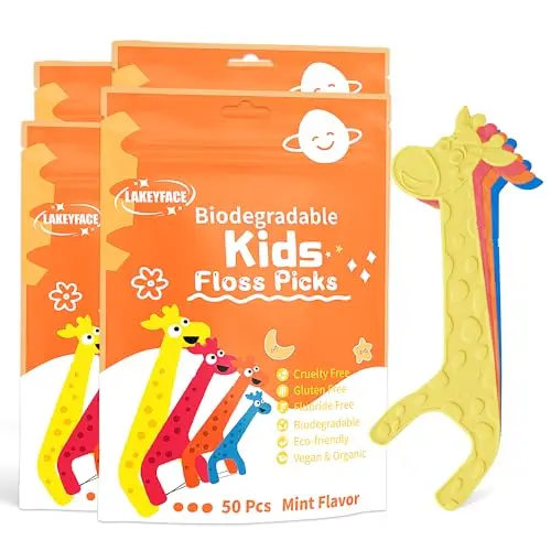 Lakeyface biodegradable giraffe-shaped kids floss picks in assorted colors