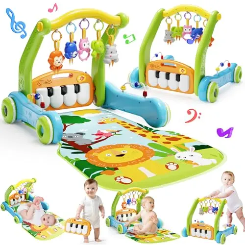 Baby Gym Play Mat with attached push walker, showing the kick piano and adjustable handlebars.