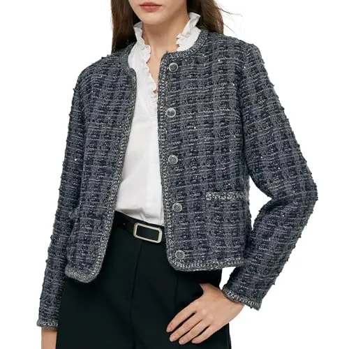 GOELIA Tweed Blazer Jacket for Women Button Down with Silver Chains