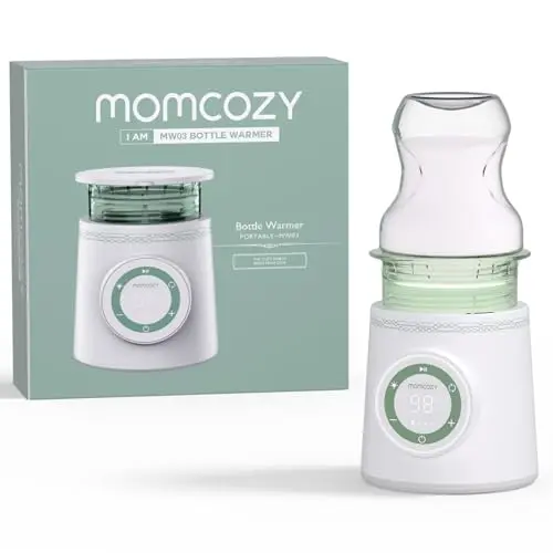 Momcozy Portable Bottle Warmer with a Comotomo bottle attached, showing its cordless design
