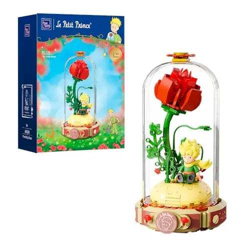 Pantasy Le Petit Prince Rose Flower building block set showing a rose bouquet in a clear display case