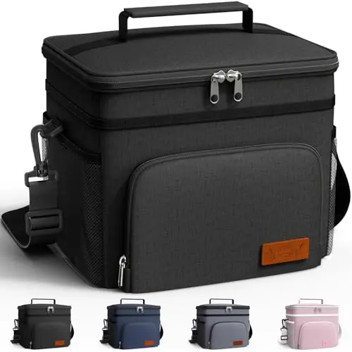 HOTOR black insulated lunch bag with multiple pockets and an adjustable strap