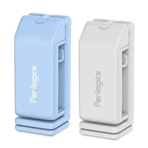 Blue and white Perilogics phone holder with a clamping mechanism.