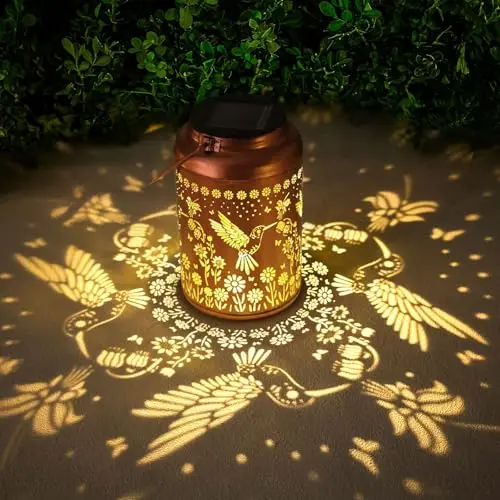 Red copper metal solar lantern with hummingbird cut-out design