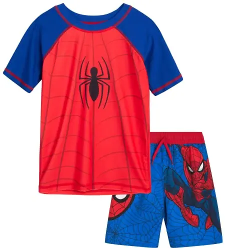 Marvel Boys Rash Guard Swim Set featuring Hulk and Spider-Man graphics