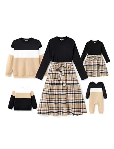Family matching outfits women's light khaki and green color block long sleeve dress