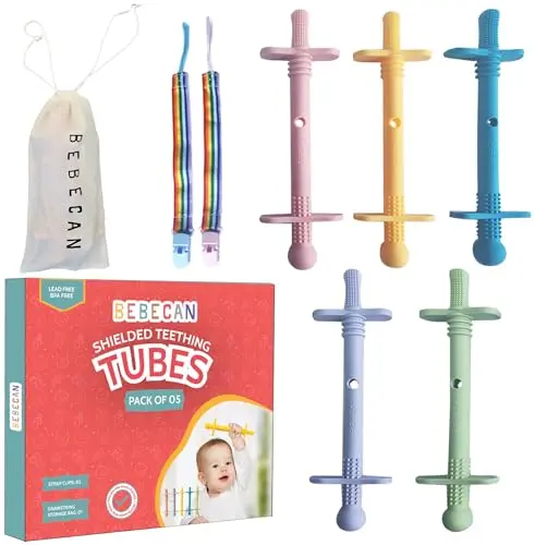 Bebecan set of 5 shielded teething tubes with clips, brushes, and storage bag