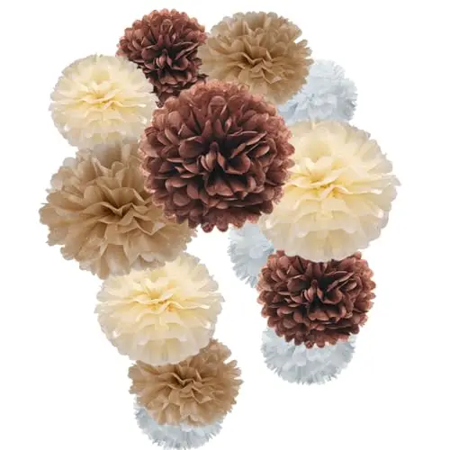MOWO set of 12 brown, champagne, ivory, and white tissue paper pom pom flowers