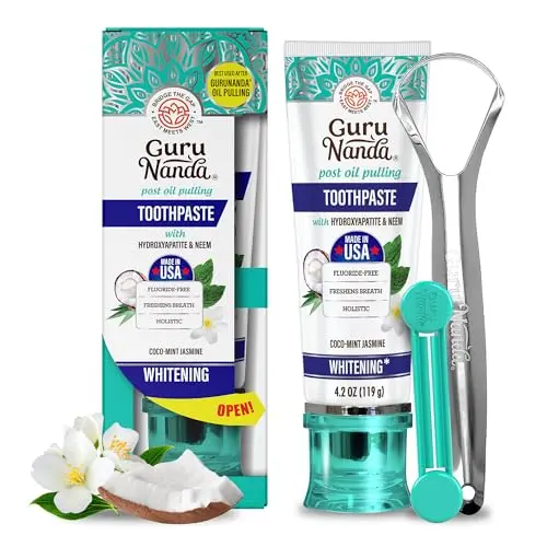 GuruNanda Fluoride Free Hydroxyapatite Toothpaste with coco-mint jasmine flavor and included tongue scraper