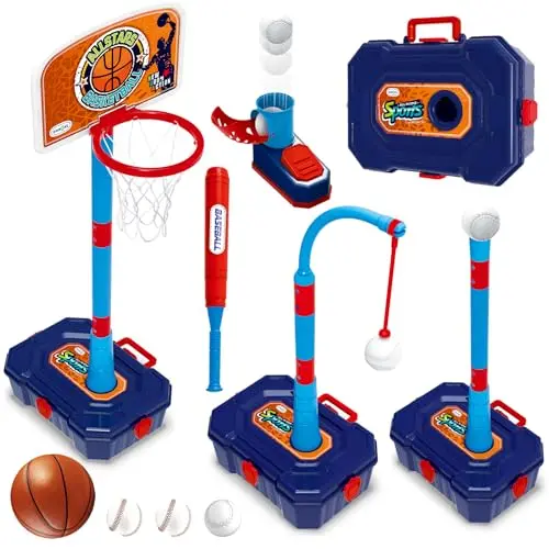 Blue 4-in-1 adjustable basketball hoop and T-ball set for toddlers