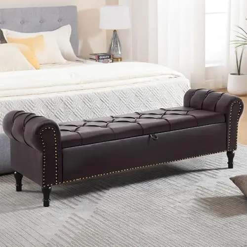 HOMYKA 67-inch faux leather storage bench with tufted design and spiral wooden legs