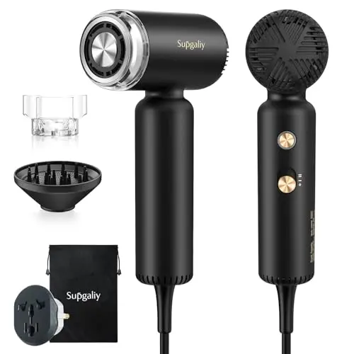 Black SUPGALIY compact hair dryer with magnetic diffuser and nozzle attachments.