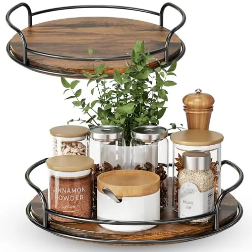 LAMU wooden lazy susan organizers in two sizes on a farmhouse-style countertop