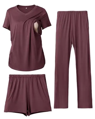 Rnxrbb dark purple nursing pajama set with V-neck top and adjustable pants
