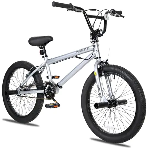 WEIZE 20-inch silver freestyle BMX bike with pegs