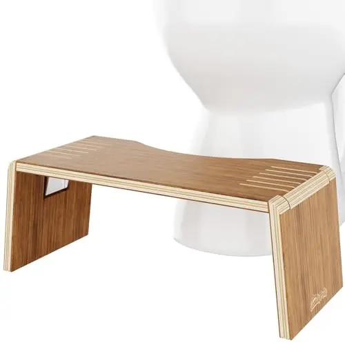 Squatty Potty Oslo Teak Folding toilet stool in teak, shown folded and unfolded for storage.