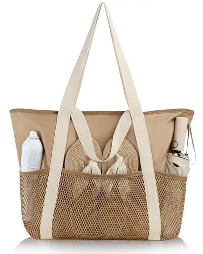HOMESPON Foldable Beach Tote Bag in Khaki