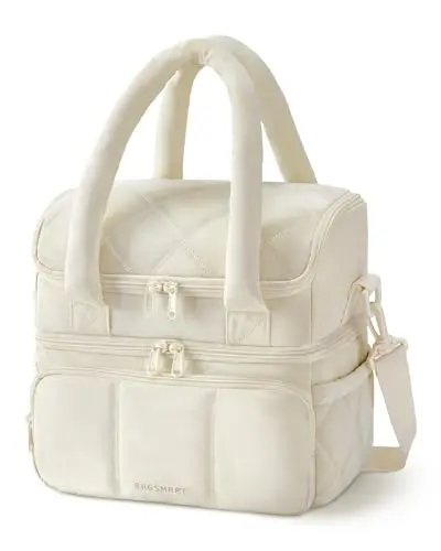 BAGSMART Double Deck Insulated Lunch Box in beige color with quilted puffer design