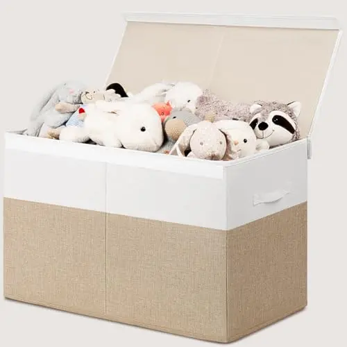 Beige and white canvas toy storage box with a Velcro-attached lid and a removable divider panel