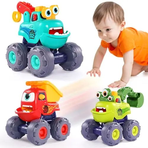 Set of three colorful monster truck toys with big wheels