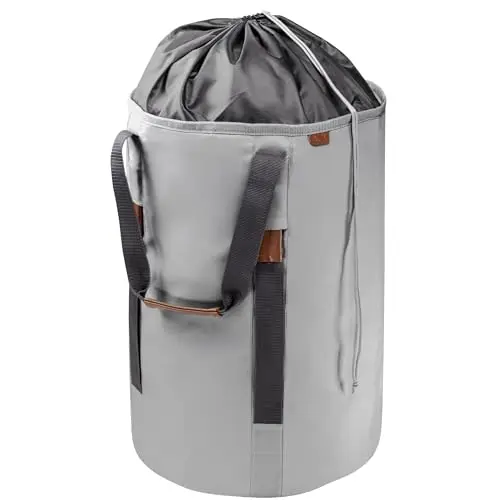 CleverMade stone gray laundry duffel bag with leather accents