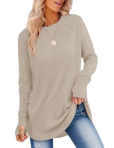 VVK Tunic Tops in khaki color, showing long sleeves and loose fit