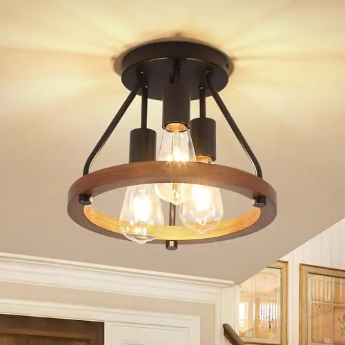 Modern farmhouse wood and black semi flush mount ceiling light with three bulbs