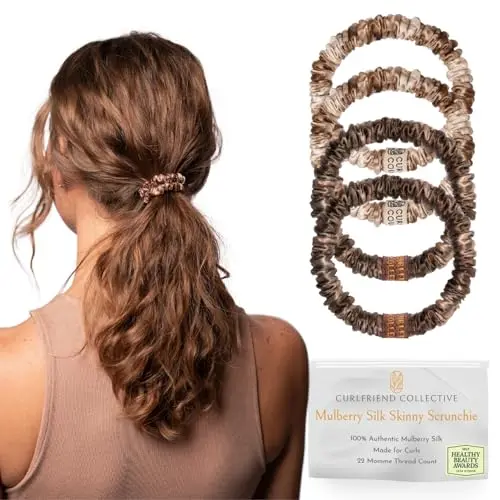Curlfriend Collective Skinny Hair Match silk scrunchies in honey/deep bronde color