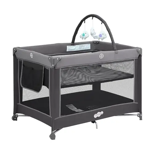 Pamo Babe charcoal gray portable playard folded in its carry bag
