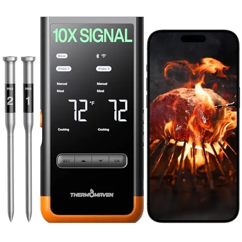 ThermoMaven G2 wireless meat thermometer with orange dual-probe setup
