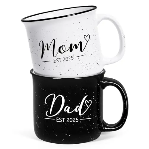 Maustic black and white ceramic mugs set with 'Mom Est. 2026' and 'Dad Est. 2026' text