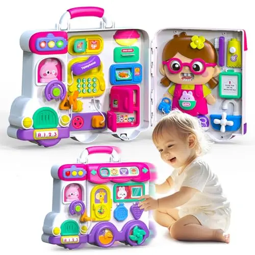 Pink Ryotagift baby busy board with wheels, lights, and activities