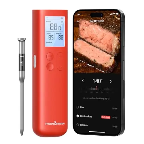ThermoMaven G1 wireless meat thermometer with red standalone base